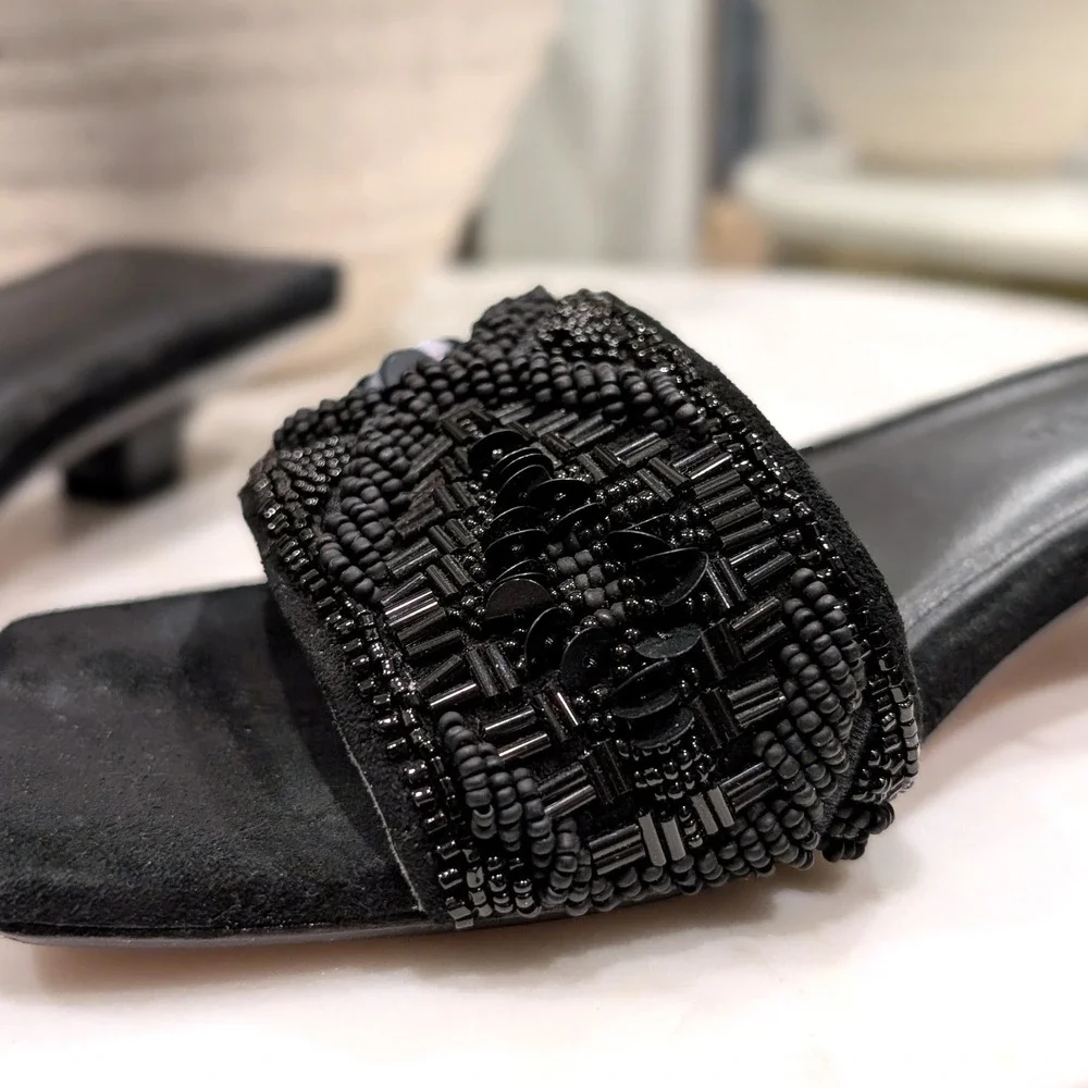 Veronica Beard Black Finlee Beaded Square Toe Kitten Heel Slides Sandals Size 7M